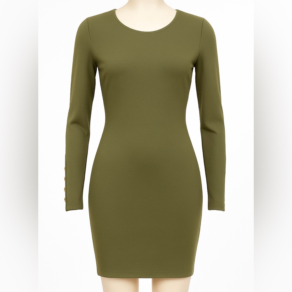 NWOT Bebe Green Bodycon Dress with Scoop Neck and Cuffed Long Sleeves